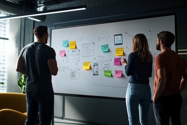 Team collaborating on a content marketing strategy using sketches and notes on a whiteboard.