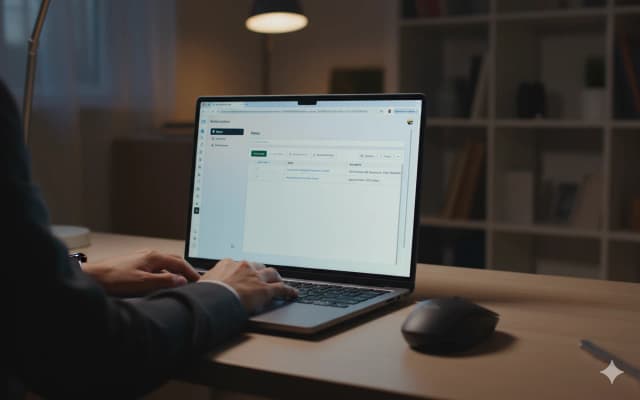 Person managing store locations and data on a laptop using a Meta business tool.